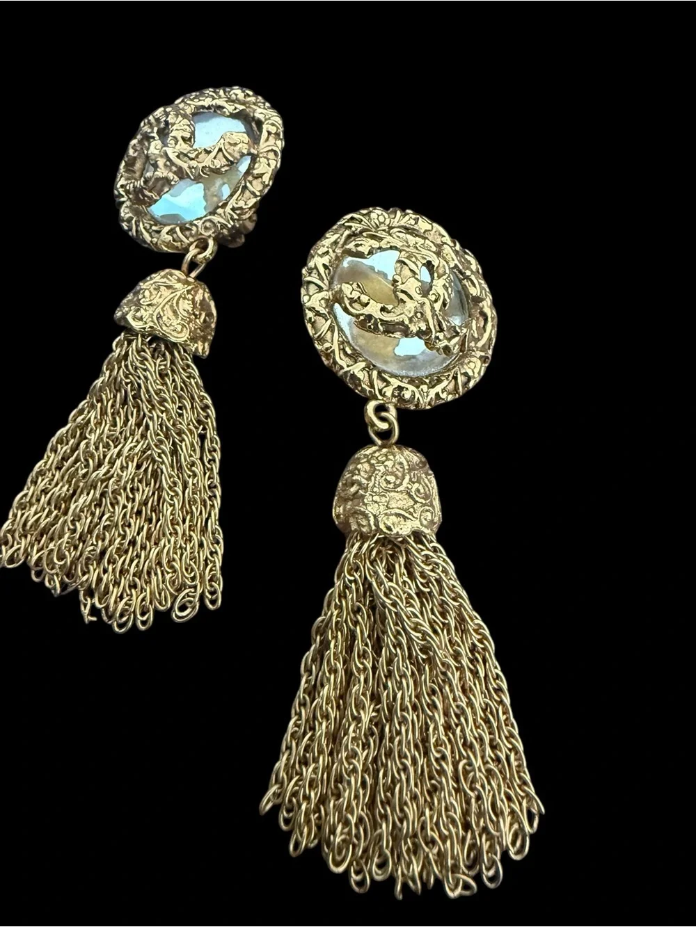 Chanel Rare 1993 Mirror CC Gold Tassel Drop Earrings